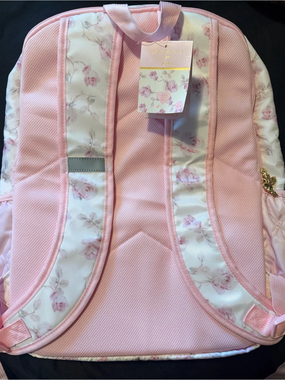 LoveShackFancy Light Pink Quilted Kids Backpack with Floral Lining and Bow Charm